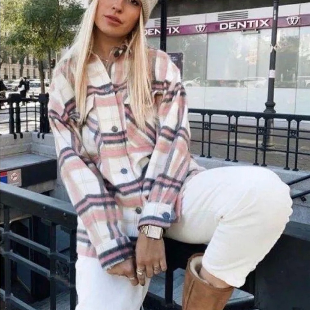 Zara Pastel Plaid Utility Jacket Shacket Oversized Size S - Picture 9 of 12